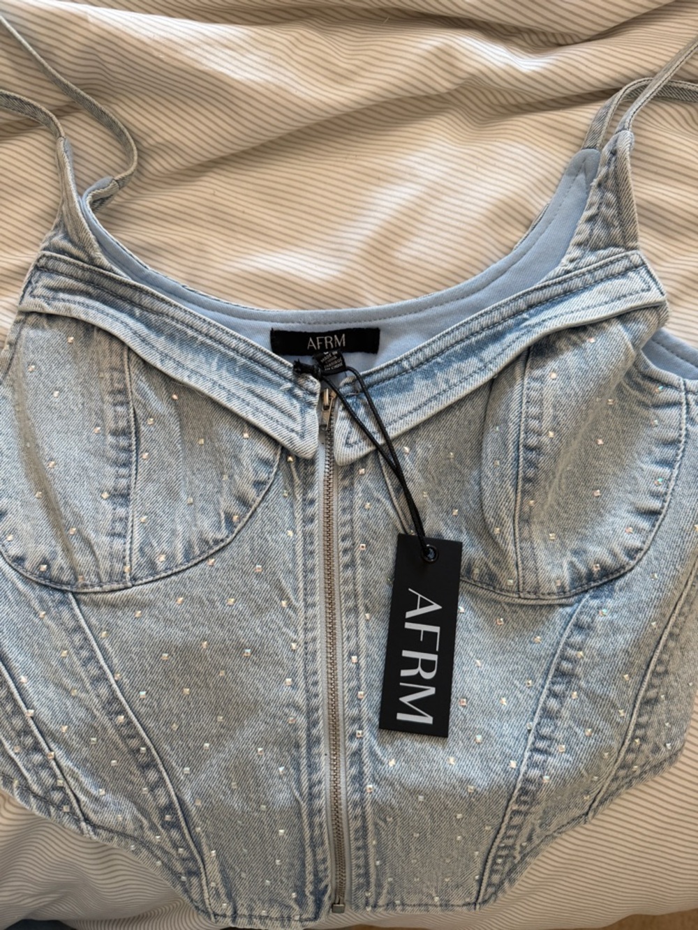 Revolve X AFRM Light Blue Denim Rhinestone Corset Top